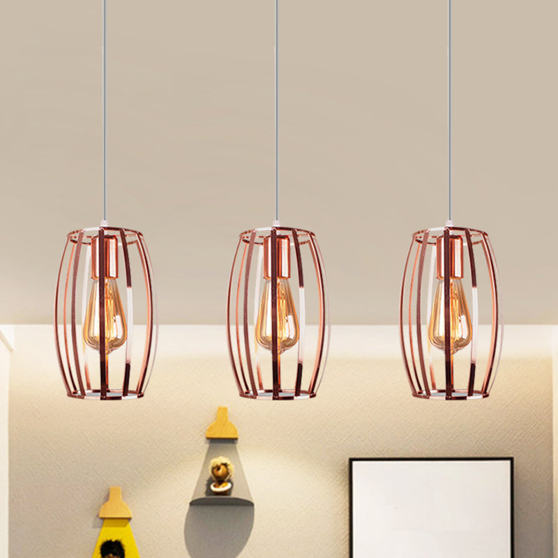 Iron Copper Hanging Lamp With Oval Cage Shade - Industrial Ceiling Fixture 3 Bulbs Stylish Lighting