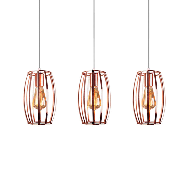 Iron Copper Hanging Lamp With Oval Cage Shade - Industrial Ceiling Fixture 3 Bulbs Stylish Lighting