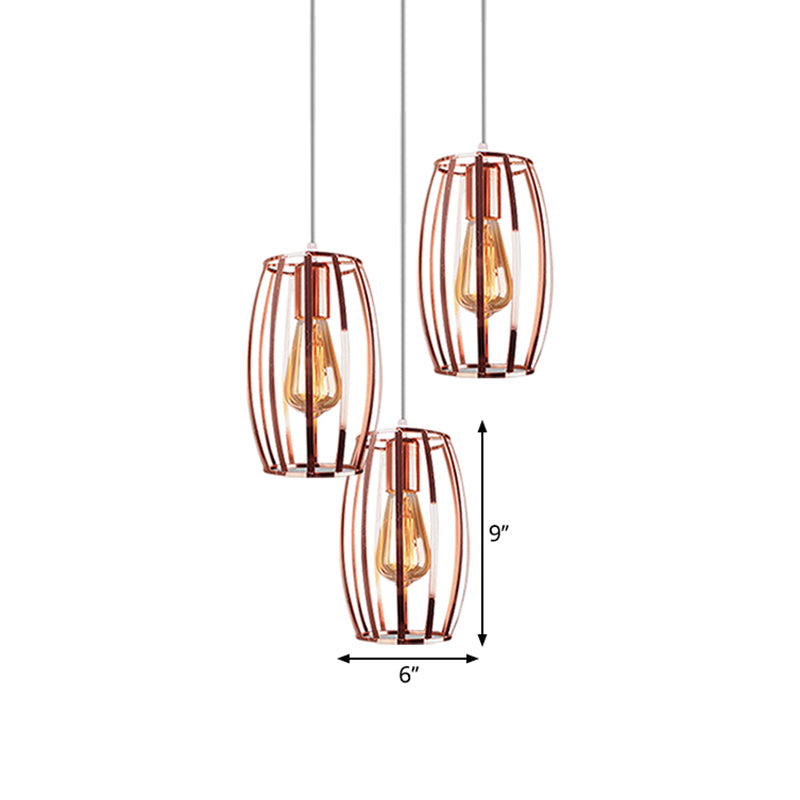 Iron Copper Hanging Lamp With Oval Cage Shade - Industrial Ceiling Fixture 3 Bulbs Stylish Lighting