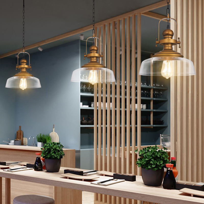 1-Light Clear Glass Dome Pendant Light Fixture - Factory Brass Look Ideal For Coffee Shop