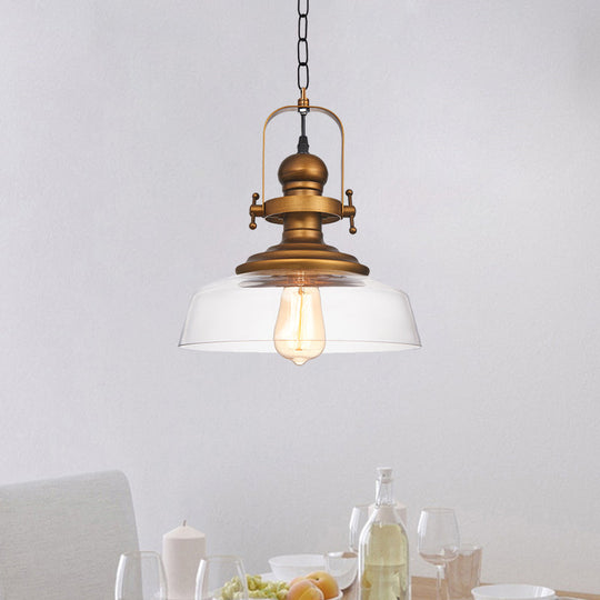 1-Light Clear Glass Dome Pendant Light Fixture - Factory Brass Look Ideal For Coffee Shop