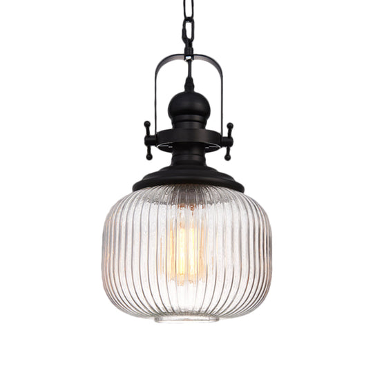 Industrial Striped Glass Ceiling Light With Black Cylinder/Oval Design - 1 Pendant Lighting Fixture