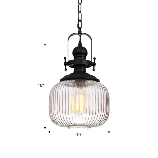 Industrial Striped Glass Ceiling Light With Black Cylinder/Oval Design - 1 Pendant Lighting Fixture
