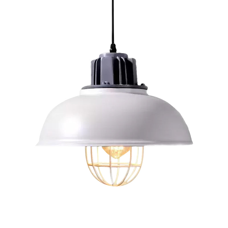 Vintage Hanging Lamp With Black/White Metallic Dome Shade & Wire Cage