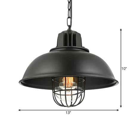 Vintage Metallic Dome Hanging Lamp With Wire Cage - 1 Bulb Restaurant Light In Black/White