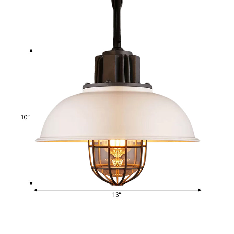 Vintage Hanging Lamp With Black/White Metallic Dome Shade & Wire Cage