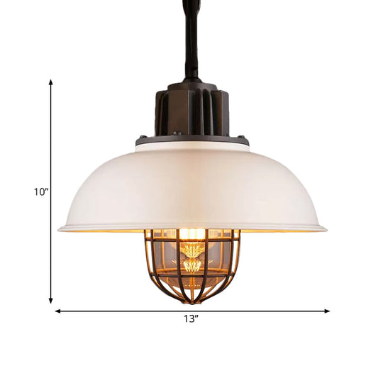 Vintage Hanging Lamp With Black/White Metallic Dome Shade & Wire Cage