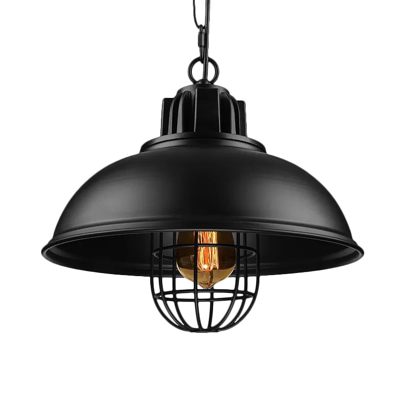 Vintage Hanging Lamp With Black/White Metallic Dome Shade & Wire Cage