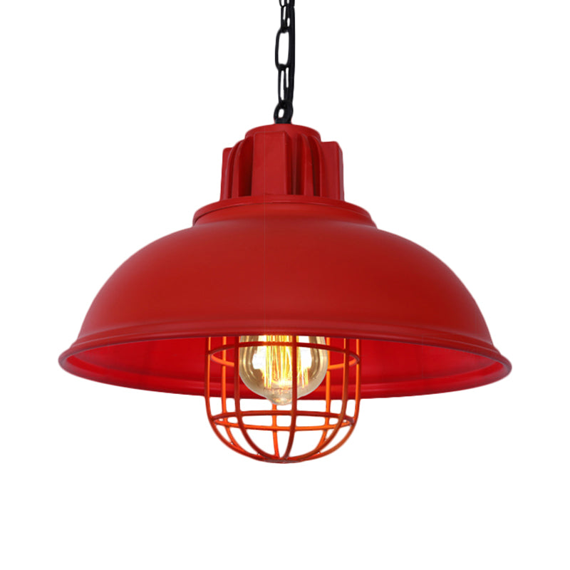 Vintage Hanging Lamp With Black/White Metallic Dome Shade & Wire Cage