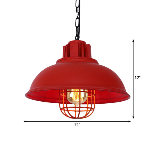 Vintage Hanging Lamp With Black/White Metallic Dome Shade & Wire Cage