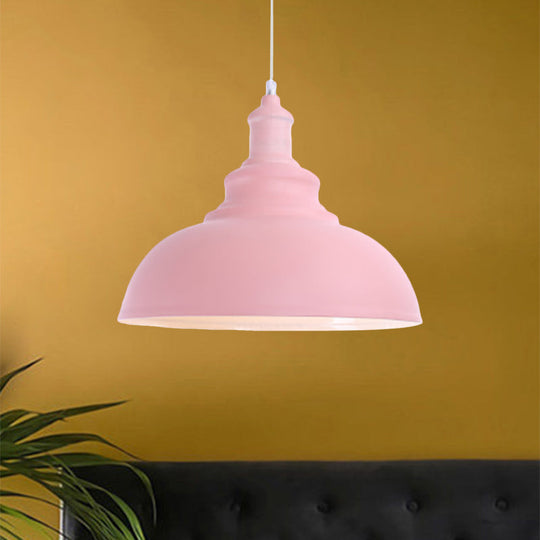 Macaron Style Pink/Yellow Bowl Ceiling Light: Metal Suspended Lamp For Bedroom - 1 Bulb Fixture