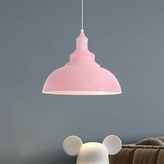 Macaron Style Pink/Yellow Bowl Ceiling Light: Metal Suspended Lamp For Bedroom - 1 Bulb Fixture
