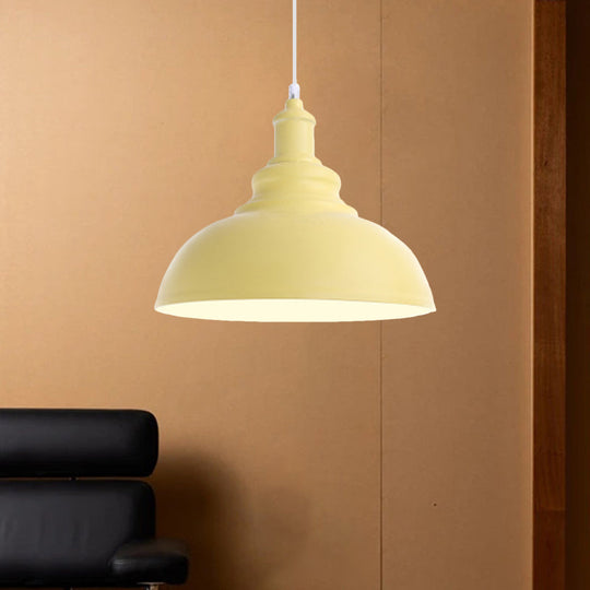 Macaron Style Pink/Yellow Bowl Ceiling Light: Metal Suspended Lamp For Bedroom - 1 Bulb Fixture