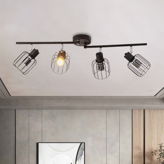 Industrial Ceiling Light With Mini Drum Cage Shade For Coffee Shop - 4 Lights Semi - Flush Iron