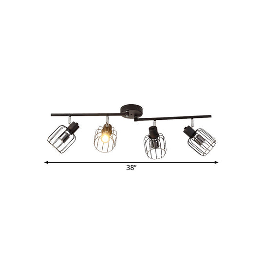 Industrial Ceiling Light With Mini Drum Cage Shade For Coffee Shop - 4 Lights Semi - Flush Iron
