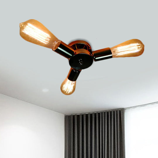 Vintage Inspired Exposed Bulb Semi Flush Pendant Light - 3/6 Lights Metal Ceiling Fixture In Brass