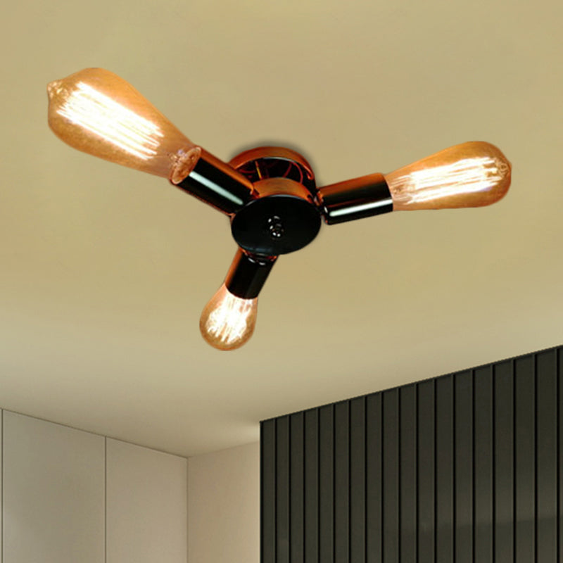 Vintage Inspired Exposed Bulb Semi Flush Pendant Light - 3/6 Lights Metal Ceiling Fixture In Brass