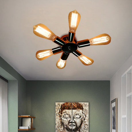 Vintage Inspired Exposed Bulb Semi Flush Pendant Light - 3/6 Lights Metal Ceiling Fixture In Brass