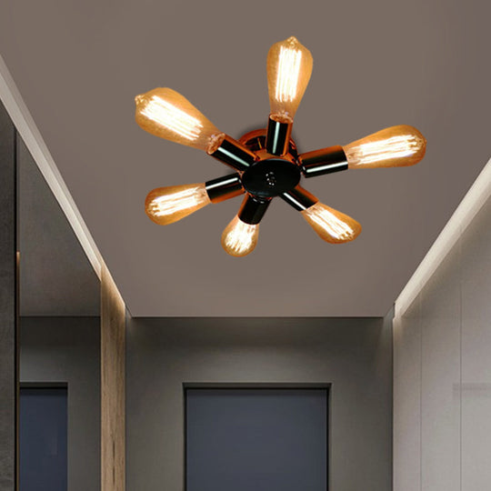 Vintage Inspired Exposed Bulb Semi Flush Pendant Light - 3/6 Lights Metal Ceiling Fixture In Brass