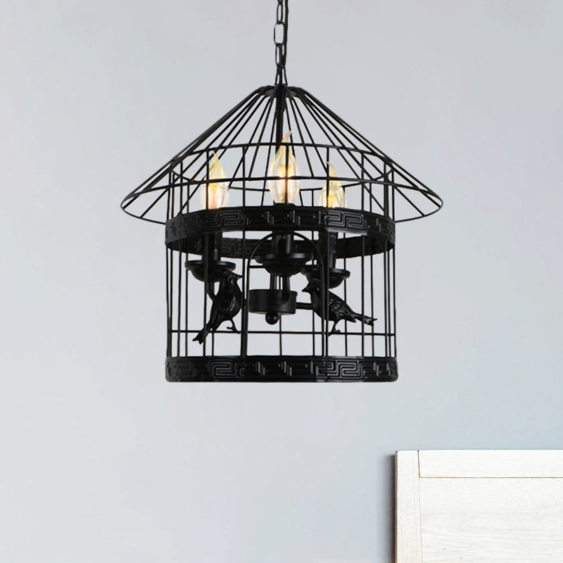 Barrel/Birdcage Chandelier Lighting - Vintage Style Pendant Light 3 Lights Black Metallic Over Table