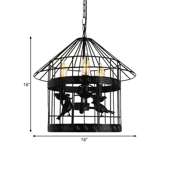 Barrel/Birdcage Chandelier Lighting - Vintage Style Pendant Light 3 Lights Black Metallic Over Table