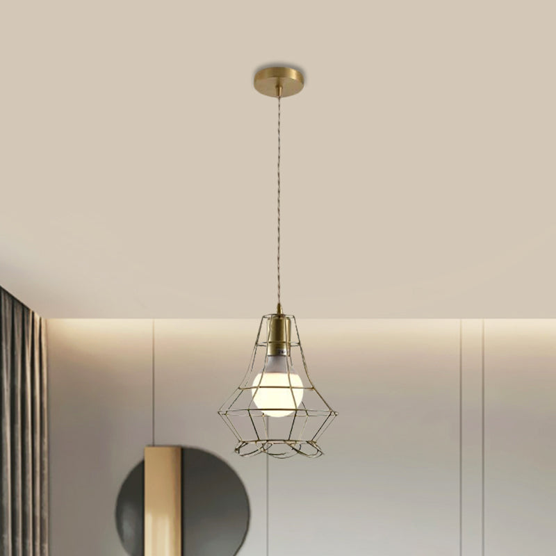 Industrial Metal Pendant Lighting With Gold Finish And Wire Frame For Dining Room - 1 Head