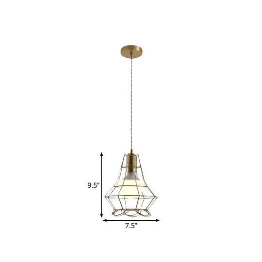 Industrial Metal Pendant Lighting With Gold Finish And Wire Frame For Dining Room - 1 Head