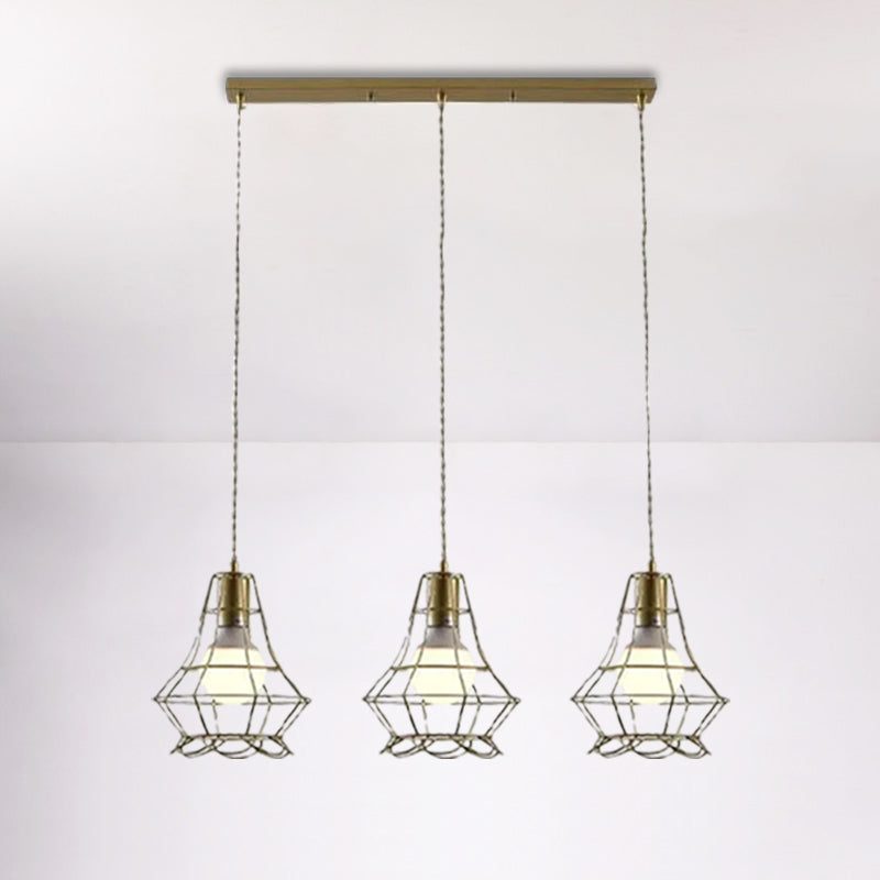 Vintage Iron Caged Pendant Lamp With Petal Shade - Golden 3 Lights Hanging Fixture