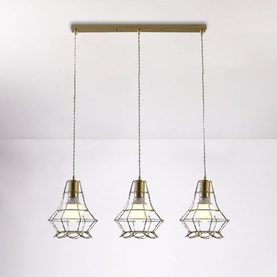 Vintage Iron Caged Ceiling Pendant Light With Petal Shade And Round/Linear Canopy - Golden 3 Lights
