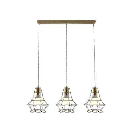 Vintage Iron Caged Ceiling Pendant Light With Petal Shade And Round/Linear Canopy - Golden 3 Lights