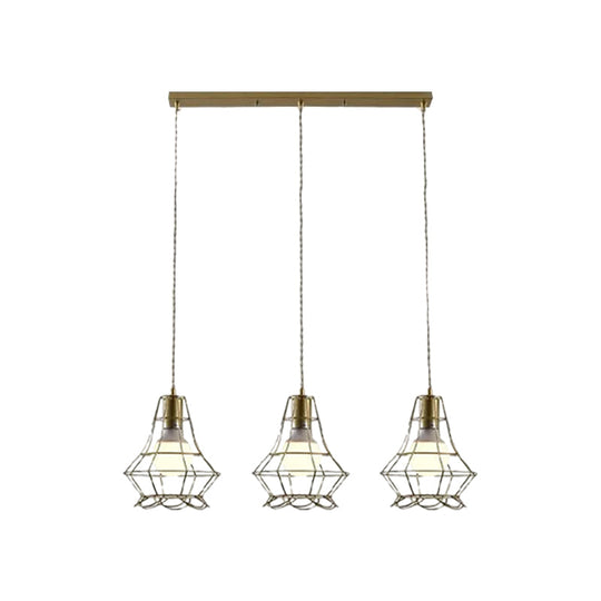 Vintage Iron Caged Ceiling Pendant Light With Petal Shade And Round/Linear Canopy - Golden 3 Lights