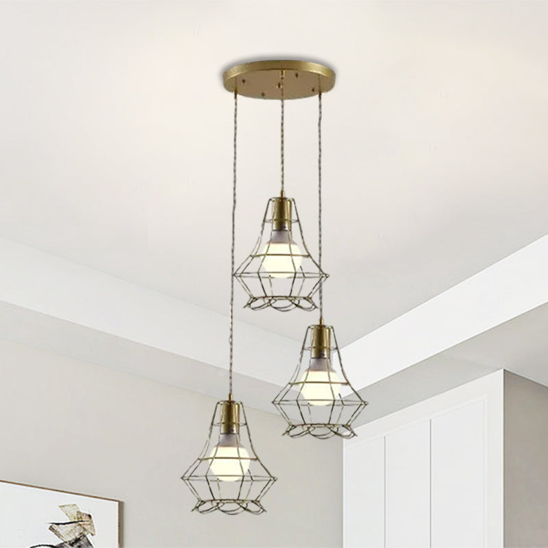 Vintage Iron Caged Pendant Lamp With Petal Shade - Golden 3 Lights Hanging Fixture Gold / Round