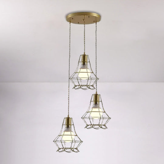 Vintage Iron Caged Pendant Lamp With Petal Shade - Golden 3 Lights Hanging Fixture