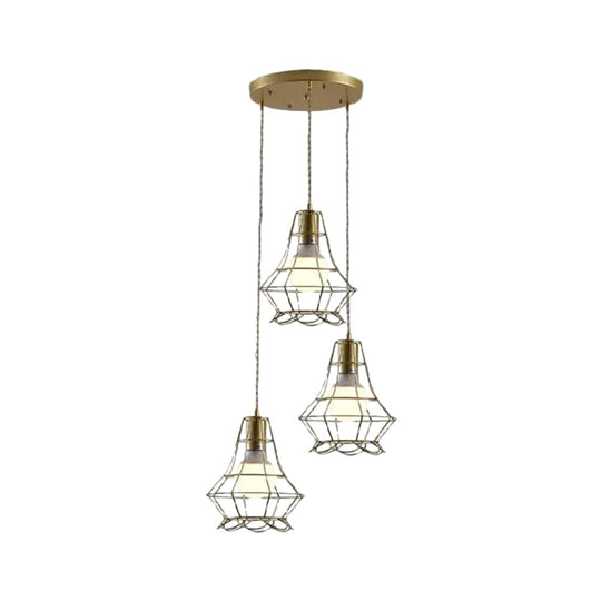 Vintage Iron Caged Pendant Lamp With Petal Shade - Golden 3 Lights Hanging Fixture