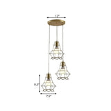 Vintage Iron Caged Ceiling Pendant Light With Petal Shade And Round/Linear Canopy - Golden 3 Lights