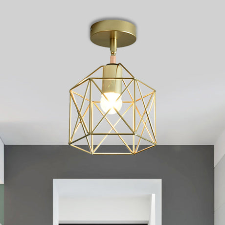 Stylish Metal Semi-Mount Ceiling Fixture With Brass Finish - 1 Bulb Bedroom Lighting In