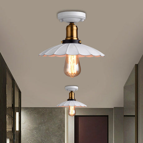 Retro Scalloped Edge Ceiling Light Fixture - Stylish 1-Bulb Semi Flush In Metallic Black/White For
