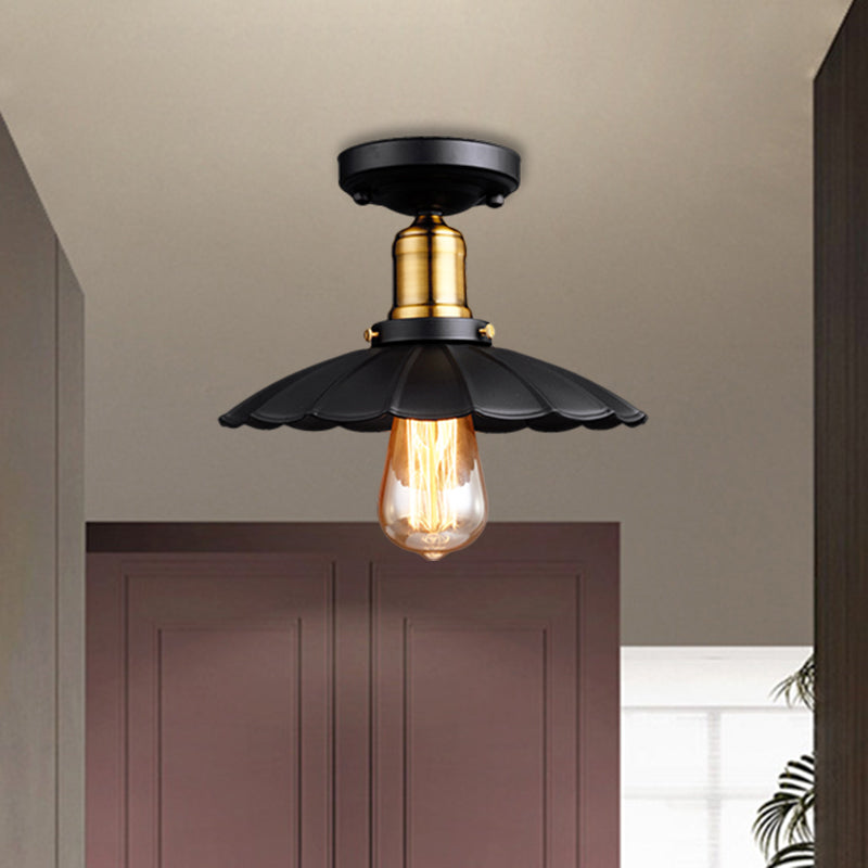 Retro Scalloped Edge Ceiling Light Fixture - Stylish 1 - Bulb Semi Flush In Metallic Black/White
