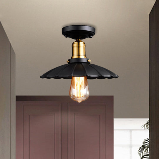 Retro Scalloped Edge Ceiling Light Fixture - Stylish 1 - Bulb Semi Flush In Metallic Black/White