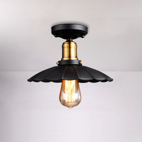 Retro Scalloped Edge Ceiling Light Fixture - Stylish 1-Bulb Semi Flush In Metallic Black/White For