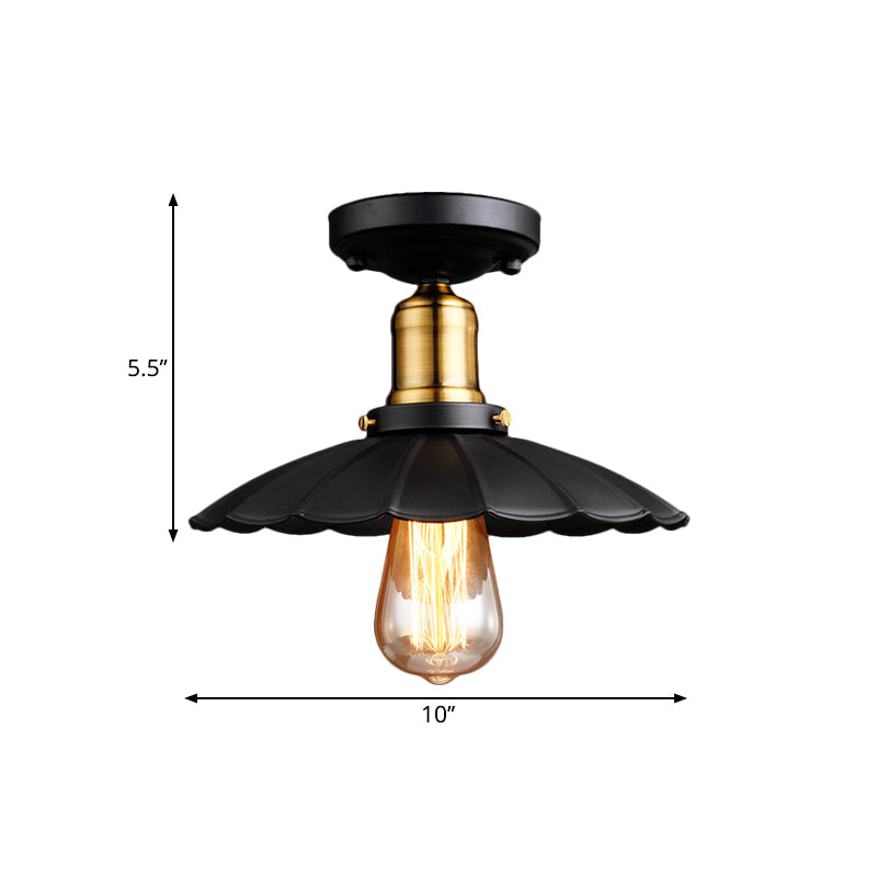 Retro Scalloped Edge Ceiling Light Fixture - Stylish 1-Bulb Semi Flush In Metallic Black/White For