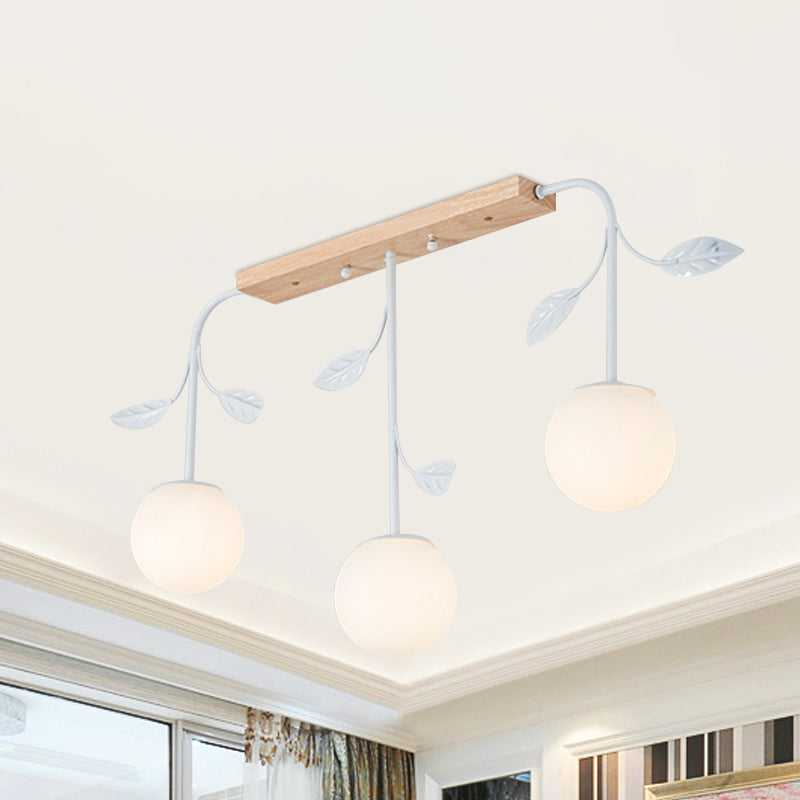 3/5 Light Orb Island Ceiling Lamp With Milky Glass & Wooden Canopy - Modern Simple Design