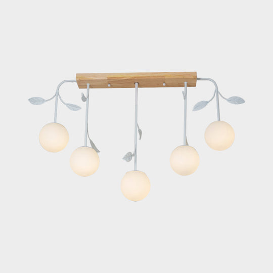 3/5 Light Orb Island Ceiling Lamp With Milky Glass & Wooden Canopy - Modern Simple Design
