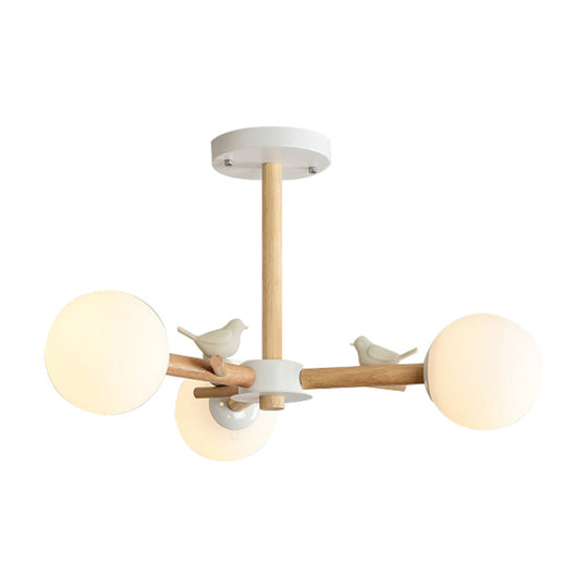 Japanese-Inspired Bedroom Chandelier With Orb Shade Birds Wood And Glass In White