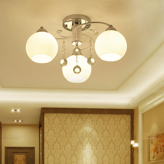 Traditional White Glass Ceiling Lamp With Crystal Draping - 3/5 Head Flush Mount