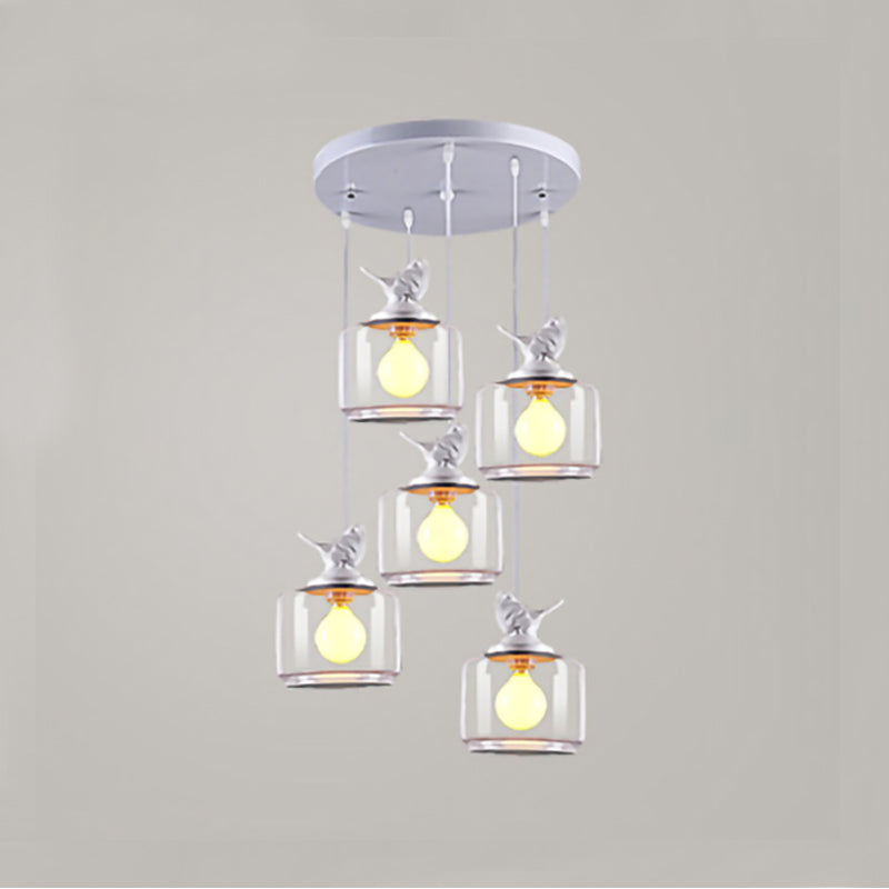 Modern Drum Hanging Lamp With Clear Glass And Bird Deco - Sleek White Ceiling Light For Living Room