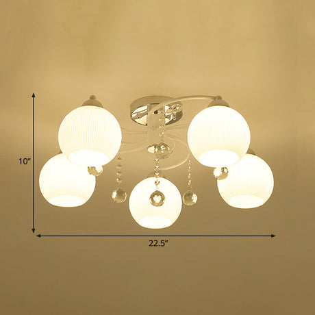 Traditional White Glass Ceiling Lamp With Crystal Draping - 3/5 Head Flush Mount