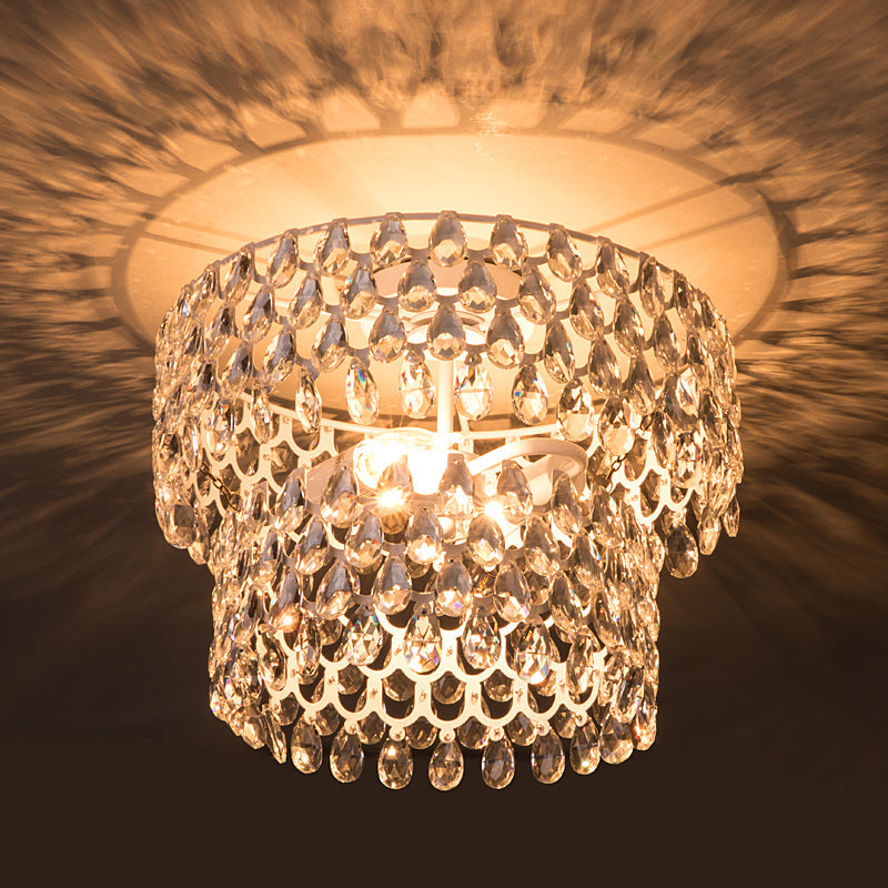 Contemporary 2-Light White Flush Mount With Crystal Droplet Accents