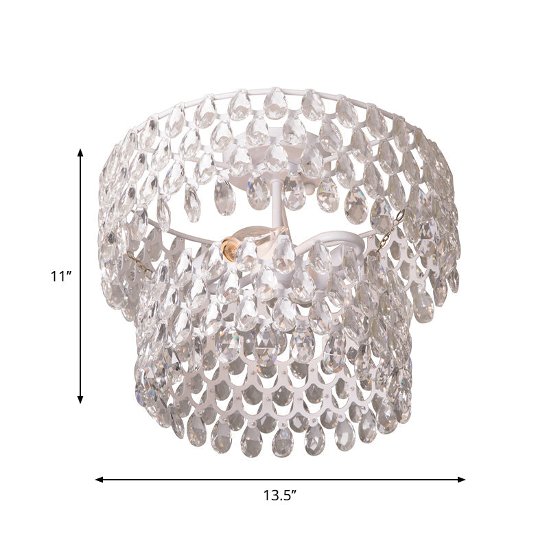 Contemporary 2-Light White Flush Mount With Crystal Droplet Accents