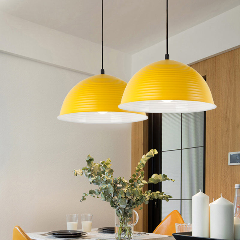 Industrial Grey/Yellow Hanging Lamp With Ribbed Dome Shade - 1 Light 12’/16’ Wide Metal Indoor